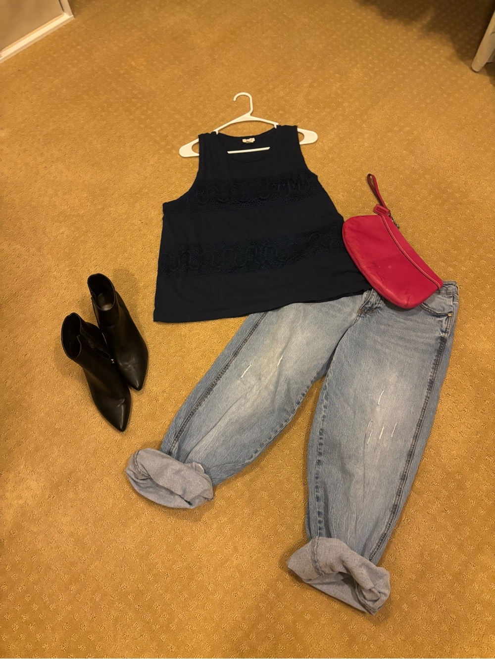 J.Crew Navy Blue Crochet Lace Panel Tank Top Large Cotton Boho Coastal